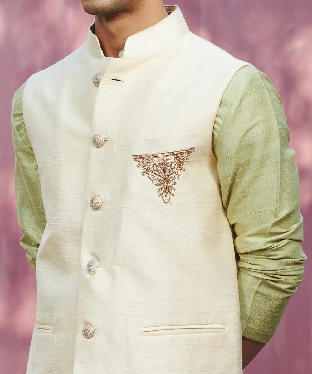 Offwhite Handcrafted Raw Silk Stitched Nehru Jacket With Dabka Hand Embroidery