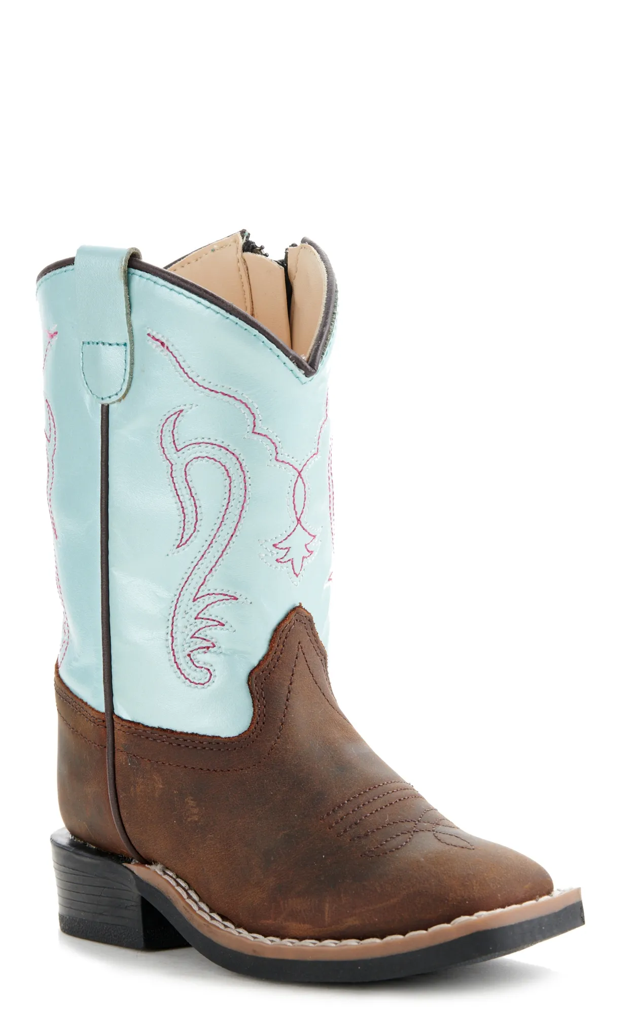 Old West Toddler Brown and Irrid Blue Square Toe Cowboy Boots