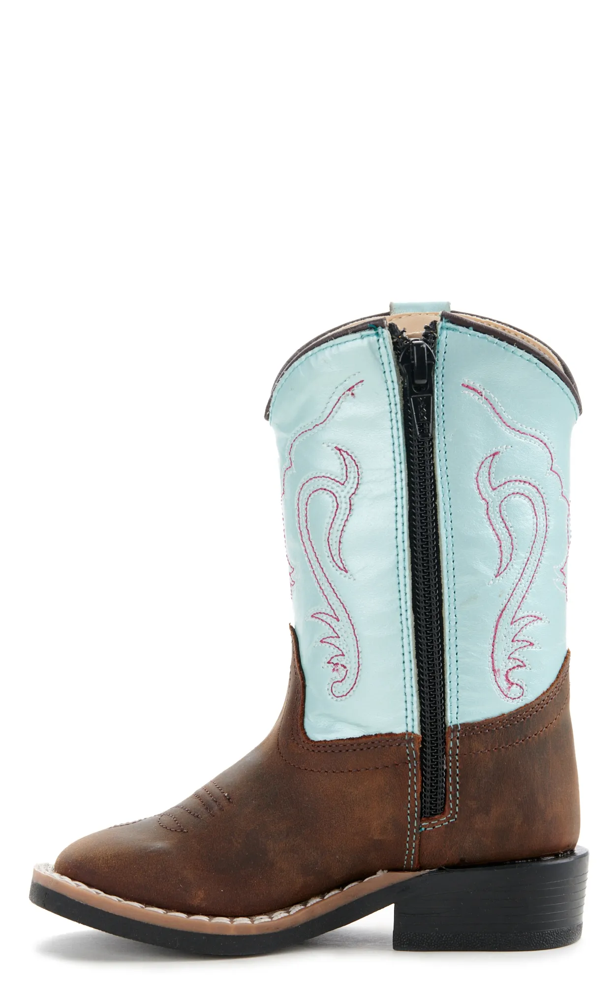 Old West Toddler Brown and Irrid Blue Square Toe Cowboy Boots