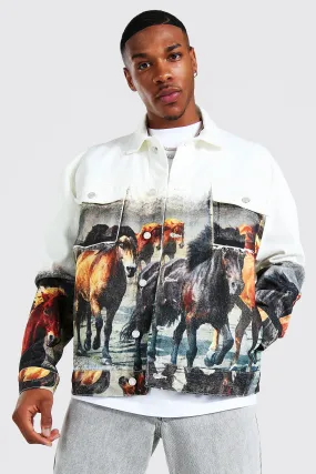 Oversized Horse Print Denim Jacket