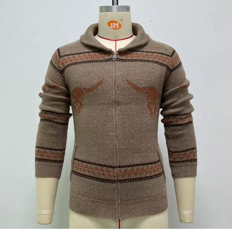 Ox Head Jacquard Weave Zip Knitted Sweater Coat