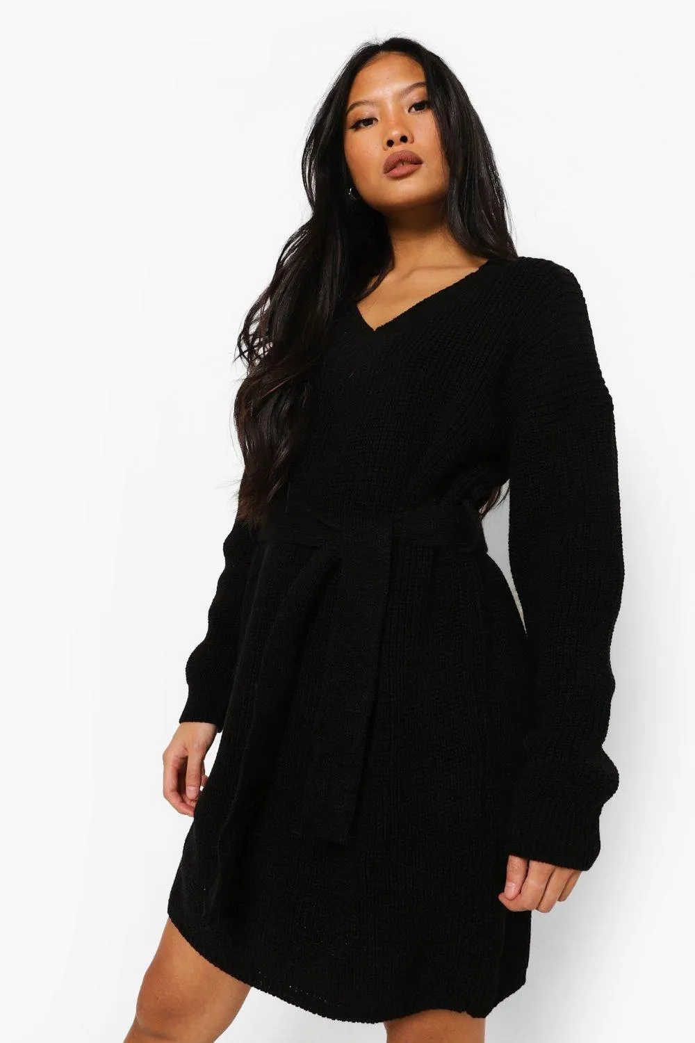 Petite Belted V-Neck Sweater Dress