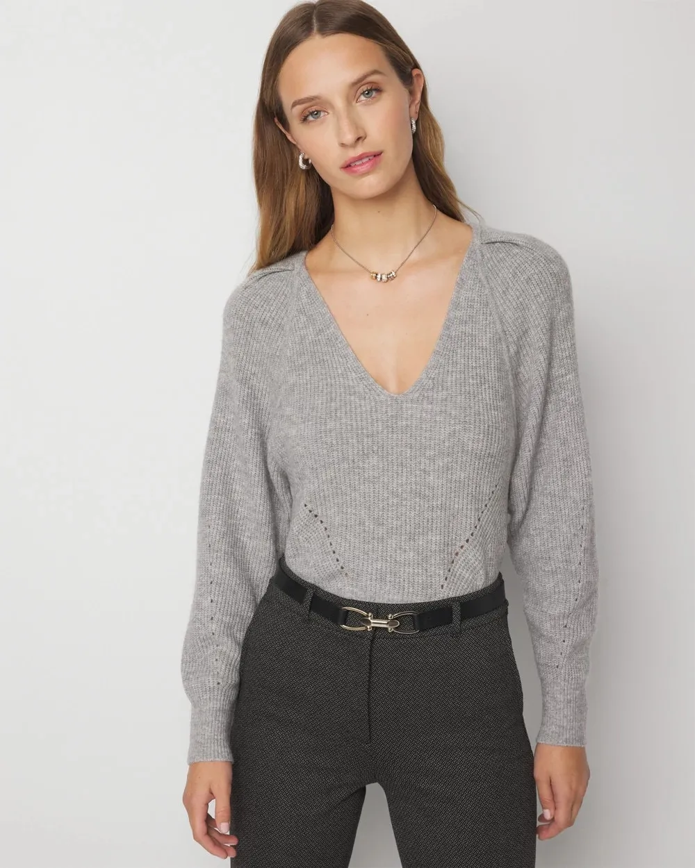 Pleated Shoulder V-neck Pullover Sweater