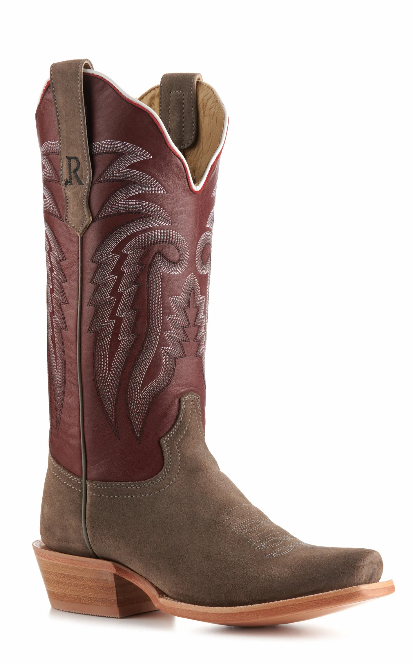 R. Watson Women's Dark Cherry and Charcoal Roughout Punchy Square Toe Cowboy Boots