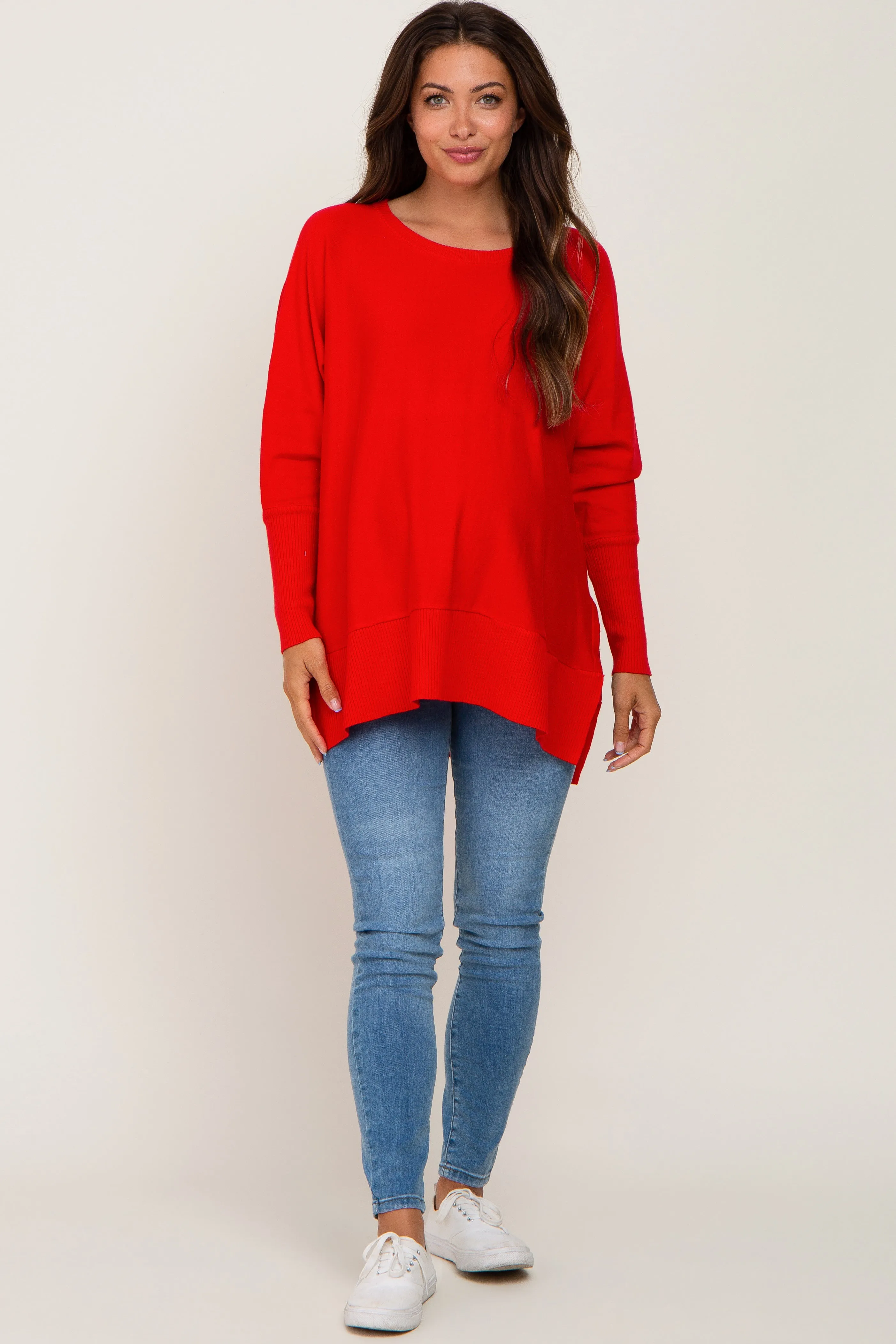 Red Dolman Sleeve Side Slit Maternity Sweater