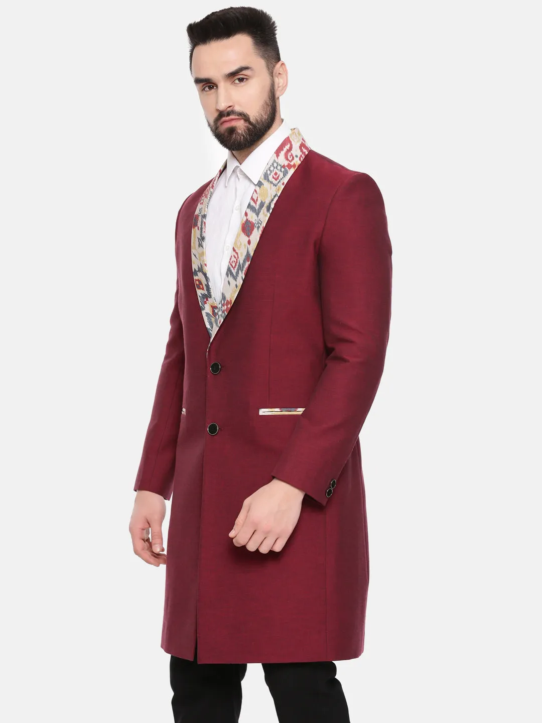 Red Printed Long Trench Coat - MMTC004