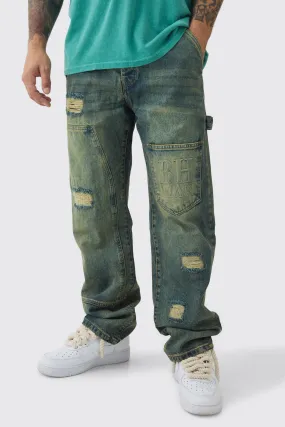 Relaxed Rigid Carpenter Man Embossed Jeans In Antique Blue | boohooMAN UK