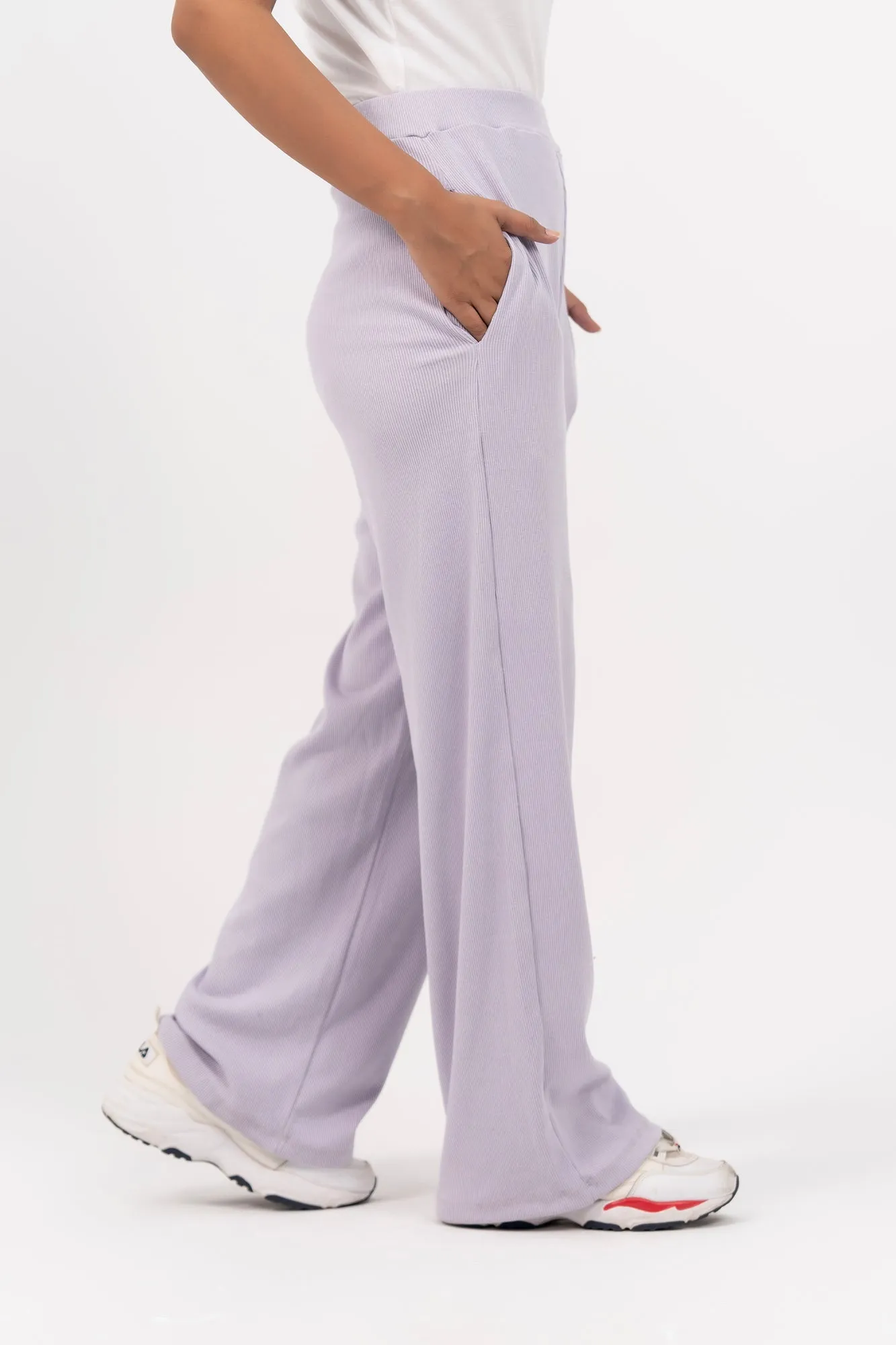 Rib Knit Wide Leg Pant with Pocket - Light Lilac