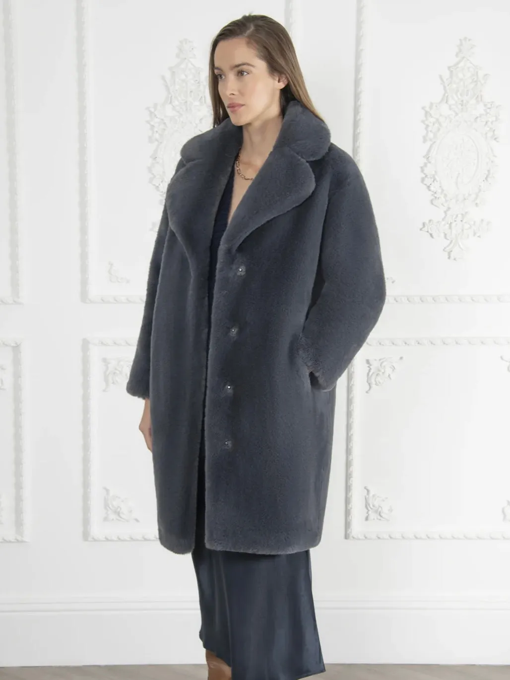 Sacs of Ashbourne   Issy London Greta Longline Luxe Faux Fur Coat Slate Grey