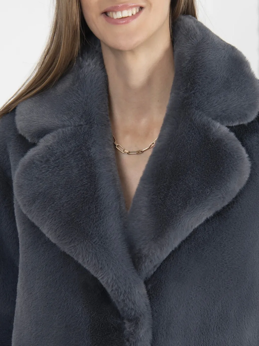 Sacs of Ashbourne   Issy London Greta Longline Luxe Faux Fur Coat Slate Grey