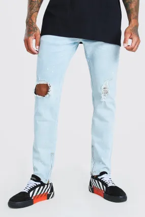 Skinny Ripped Knee Paint Splat Jeans With Zip