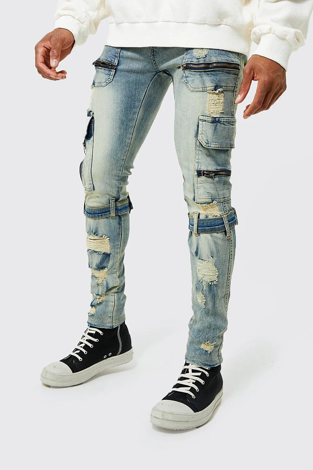 Skinny Stretch Zip Multi Strap Cargo Jeans | boohooMAN UK