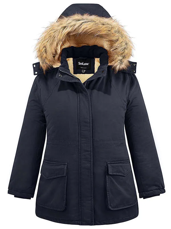 Soularge Women's Winter Plus Size Sherpa Lined Jacket with Detachable Hood