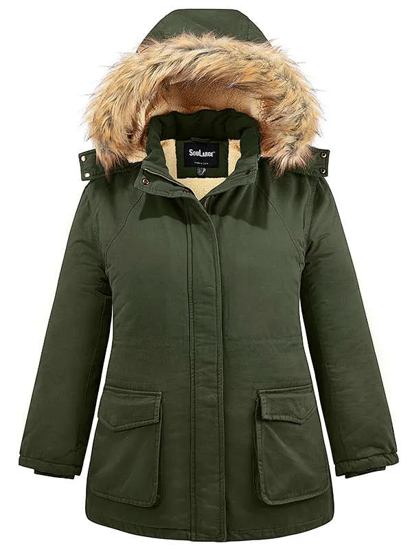 Soularge Women's Winter Plus Size Sherpa Lined Jacket with Detachable Hood