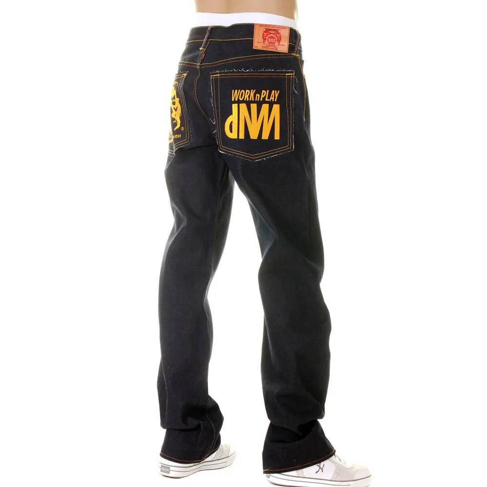 Super Exclusive Design Dark Indigo Raw Denim Jeans with Gold Embroidery