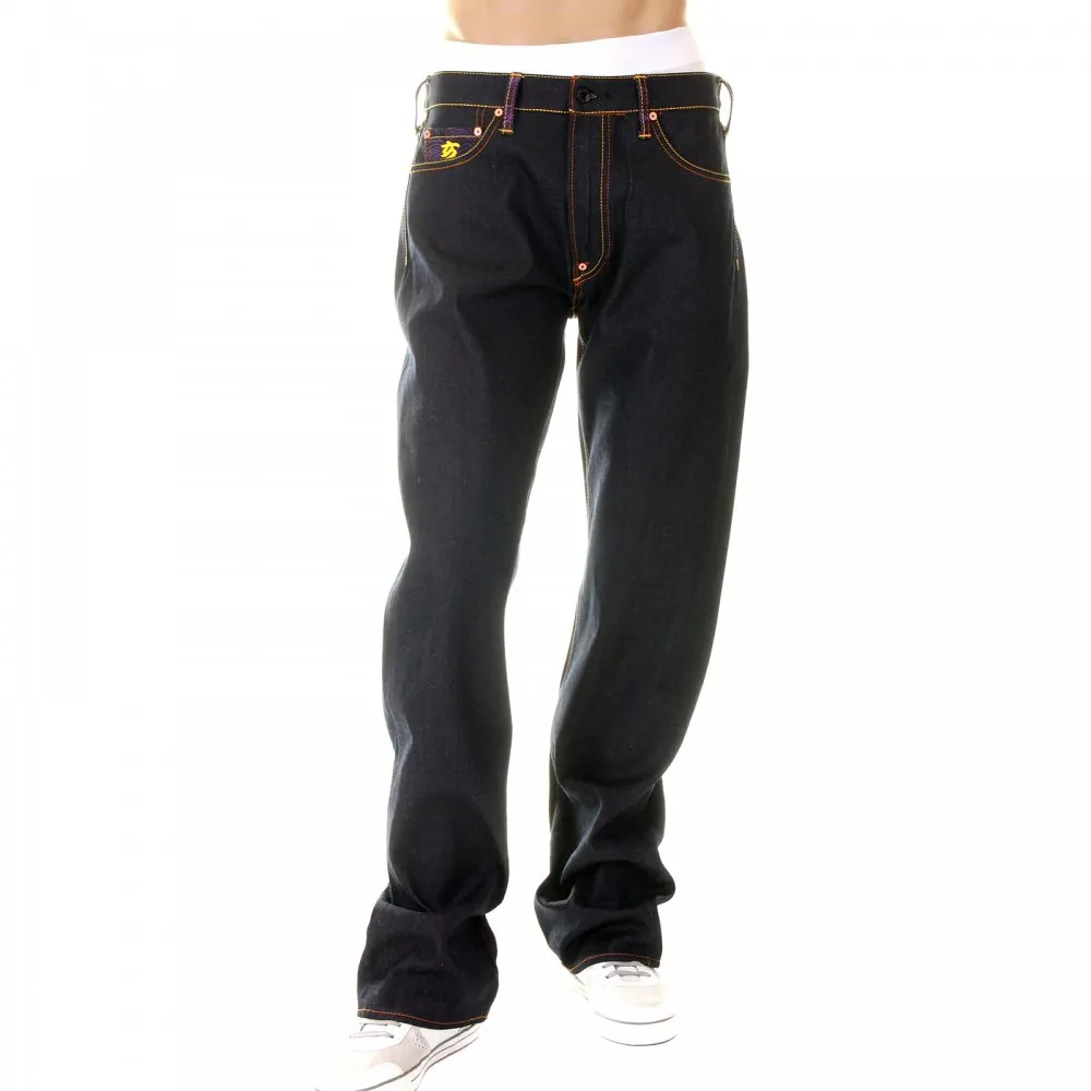 Super Exclusive Design Dark Indigo Raw Denim Jeans with Gold Embroidery