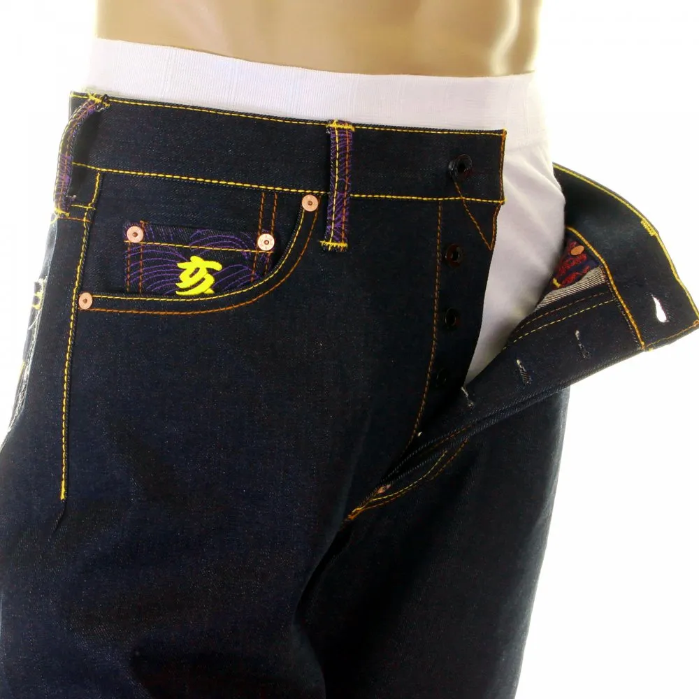 Super Exclusive Design Dark Indigo Raw Denim Jeans with Gold Embroidery