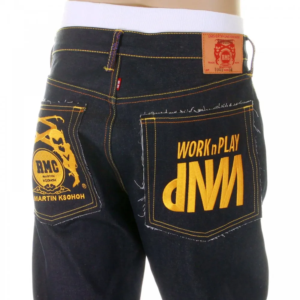 Super Exclusive Design Dark Indigo Raw Denim Jeans with Gold Embroidery