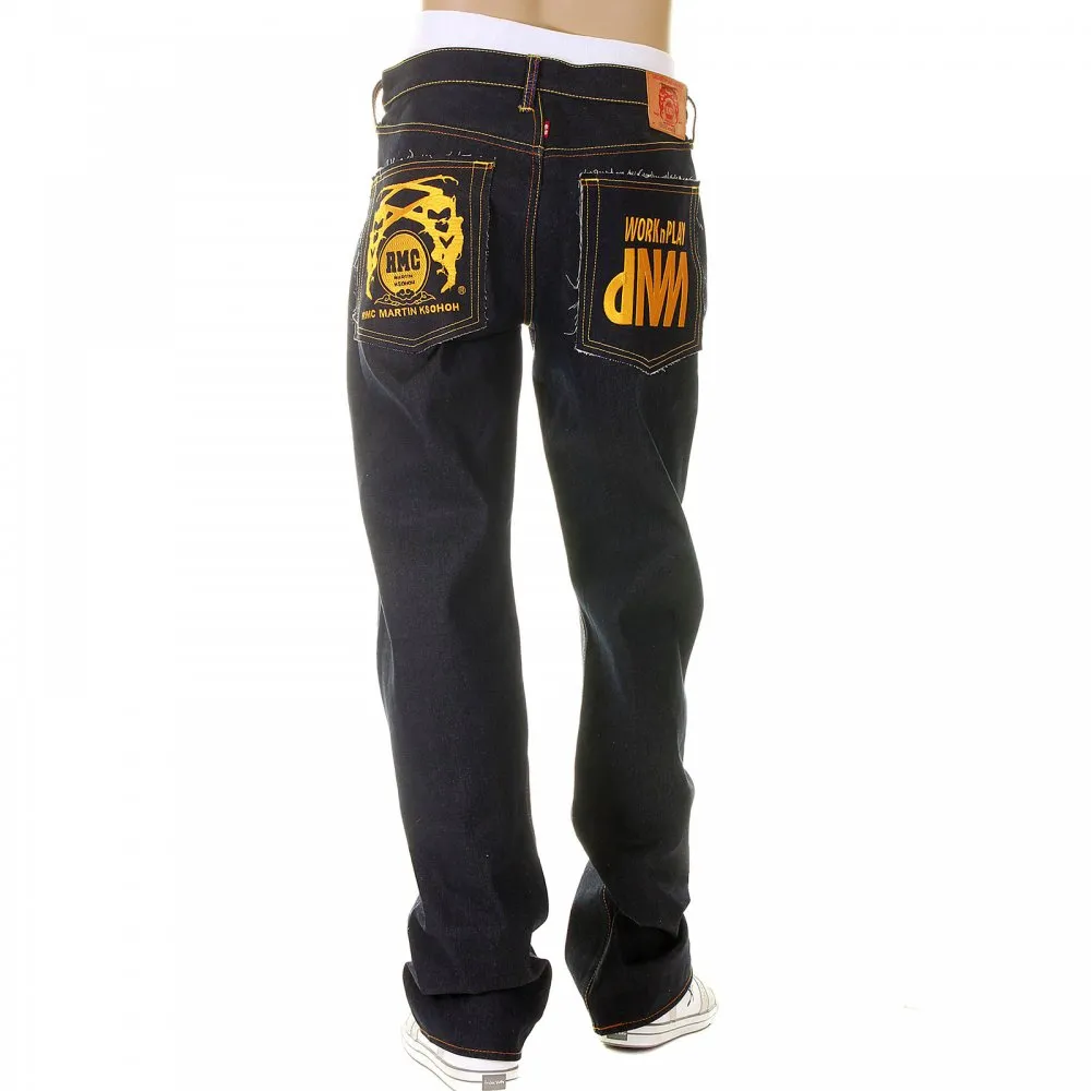 Super Exclusive Design Dark Indigo Raw Denim Jeans with Gold Embroidery