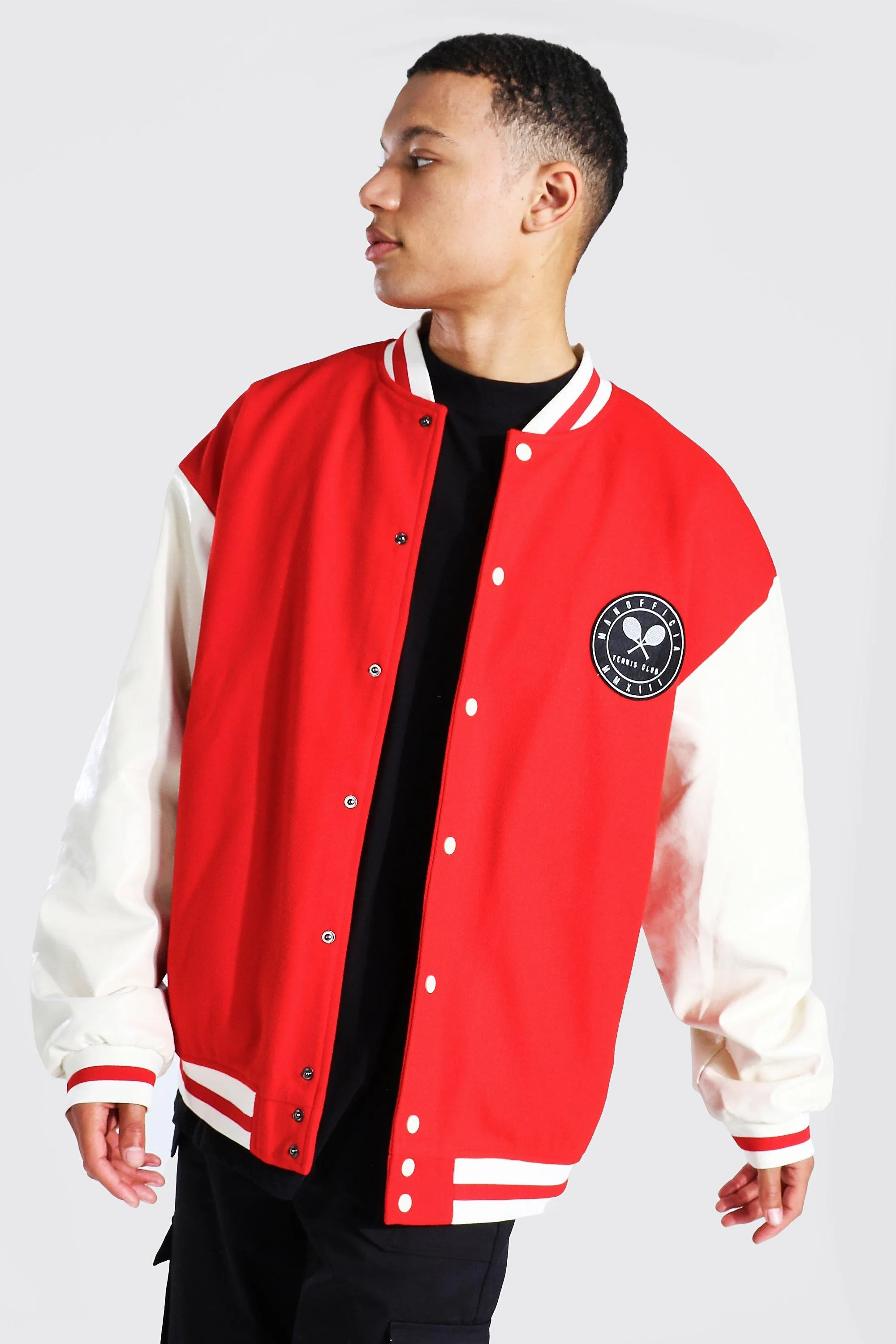 Tall Oversized Tennis Badge Varsity Jacket | boohooMAN UK