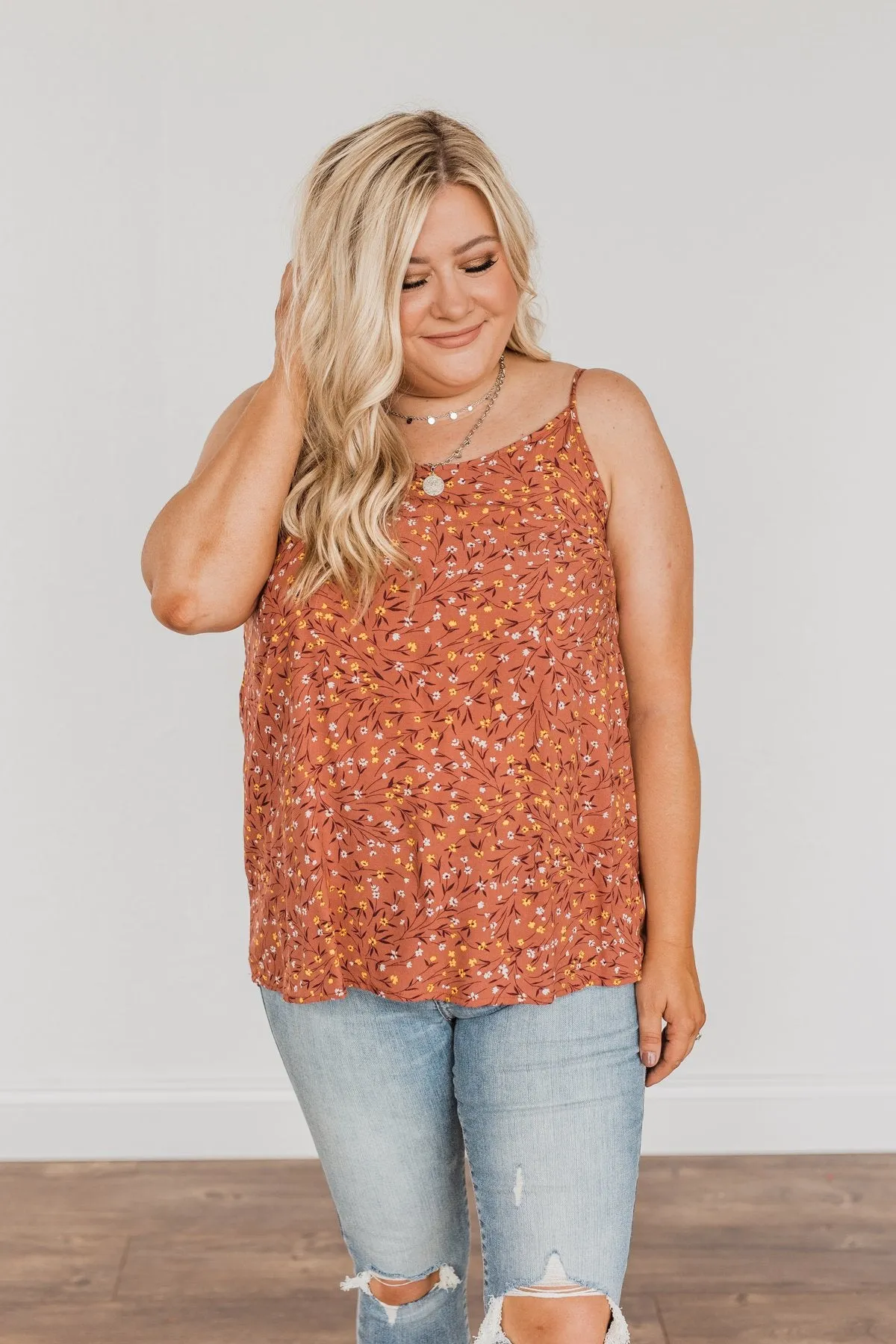 The Cutest Apple In The Orchard Floral Tank Top- Rust