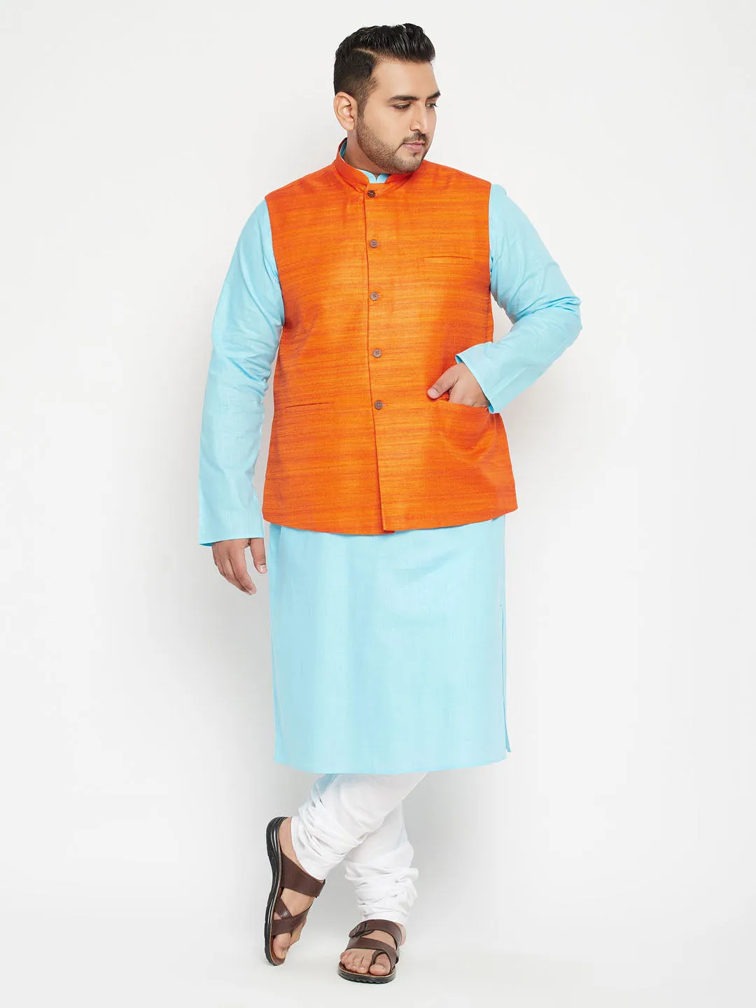 VASTRAMAY Plus Size Men's Aqua Blue Kurta And White Pyjama With Nehru Jacket Set