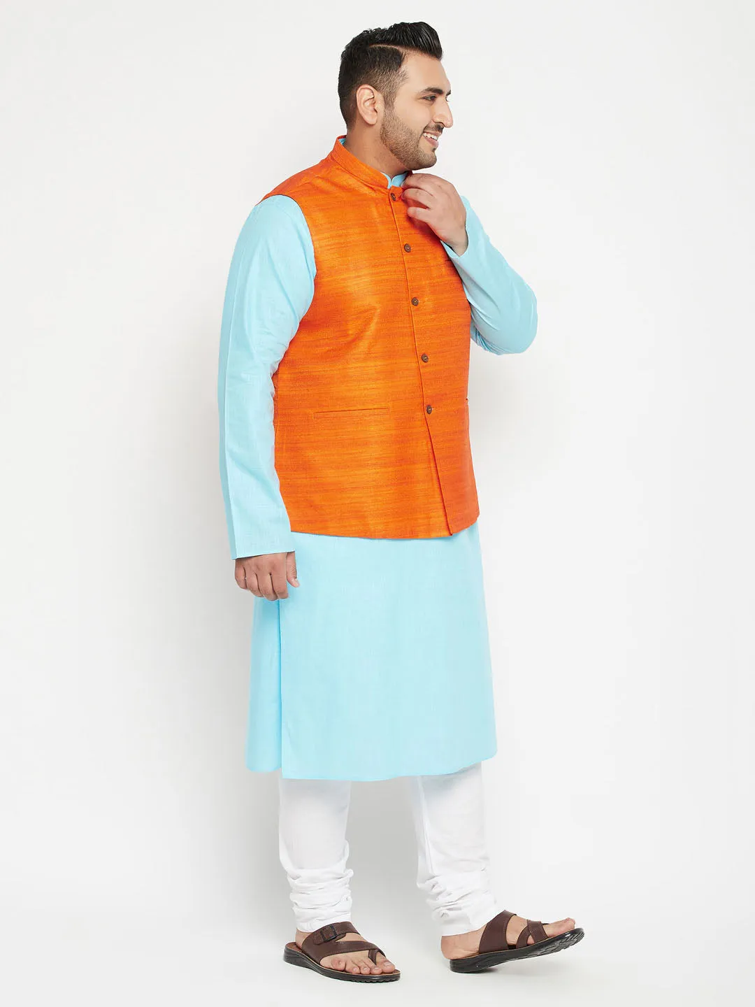 VASTRAMAY Plus Size Men's Aqua Blue Kurta And White Pyjama With Nehru Jacket Set