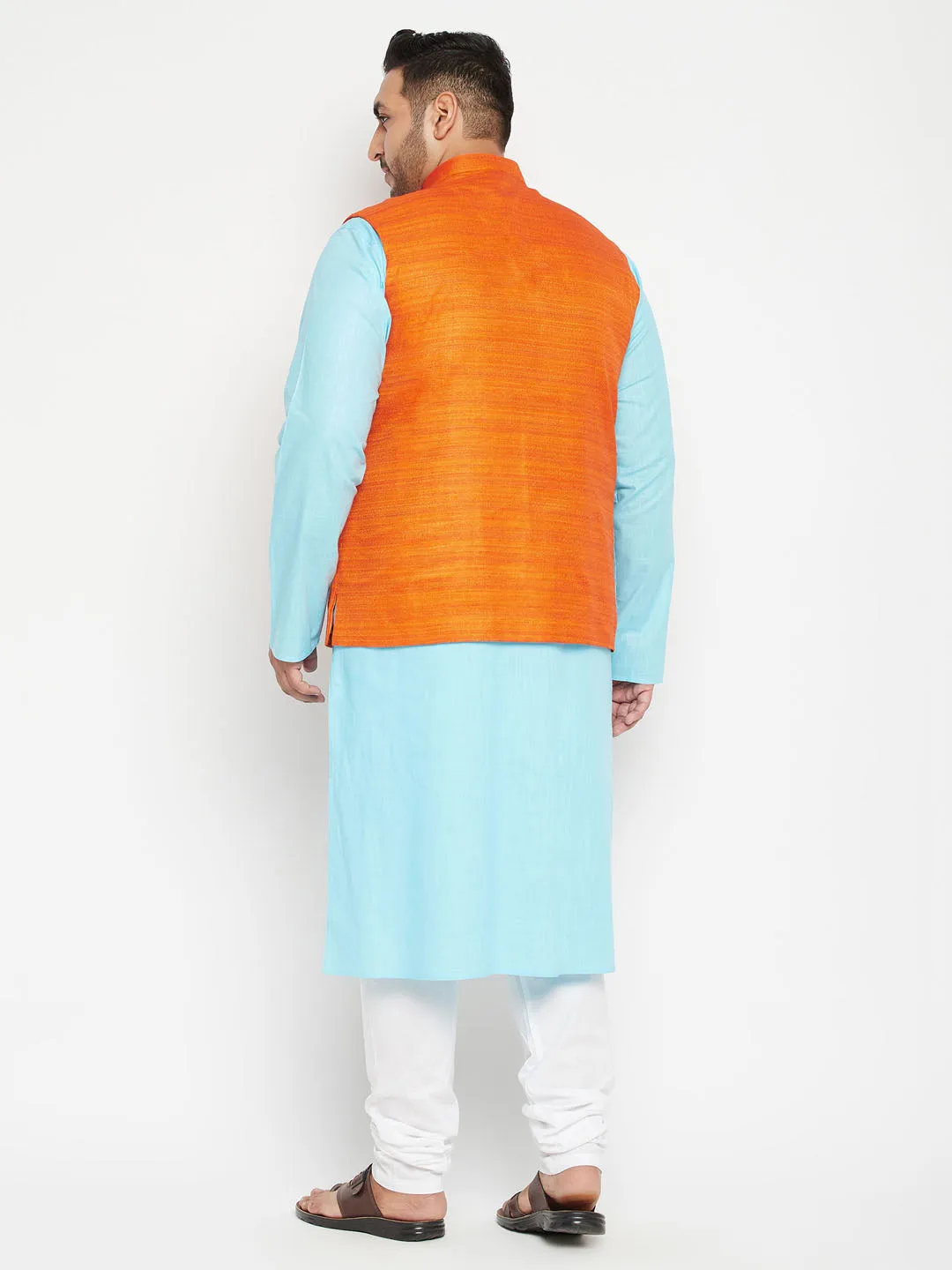 VASTRAMAY Plus Size Men's Aqua Blue Kurta And White Pyjama With Nehru Jacket Set