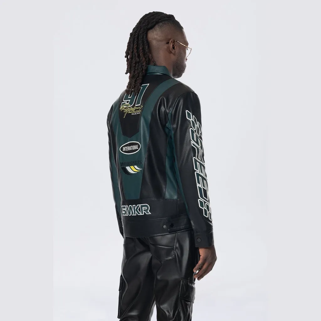 Vegan Leather Racing Jacket - Teal