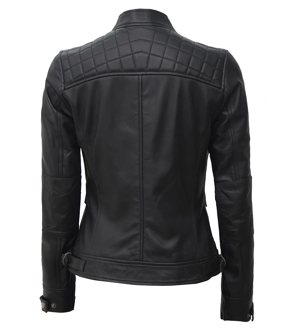 Women Black Quilted Cafe Racer Leather Jacket