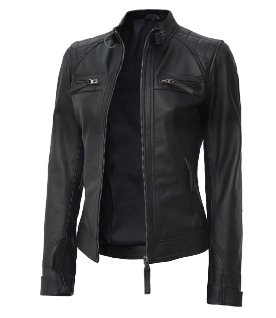 Women Black Quilted Cafe Racer Leather Jacket