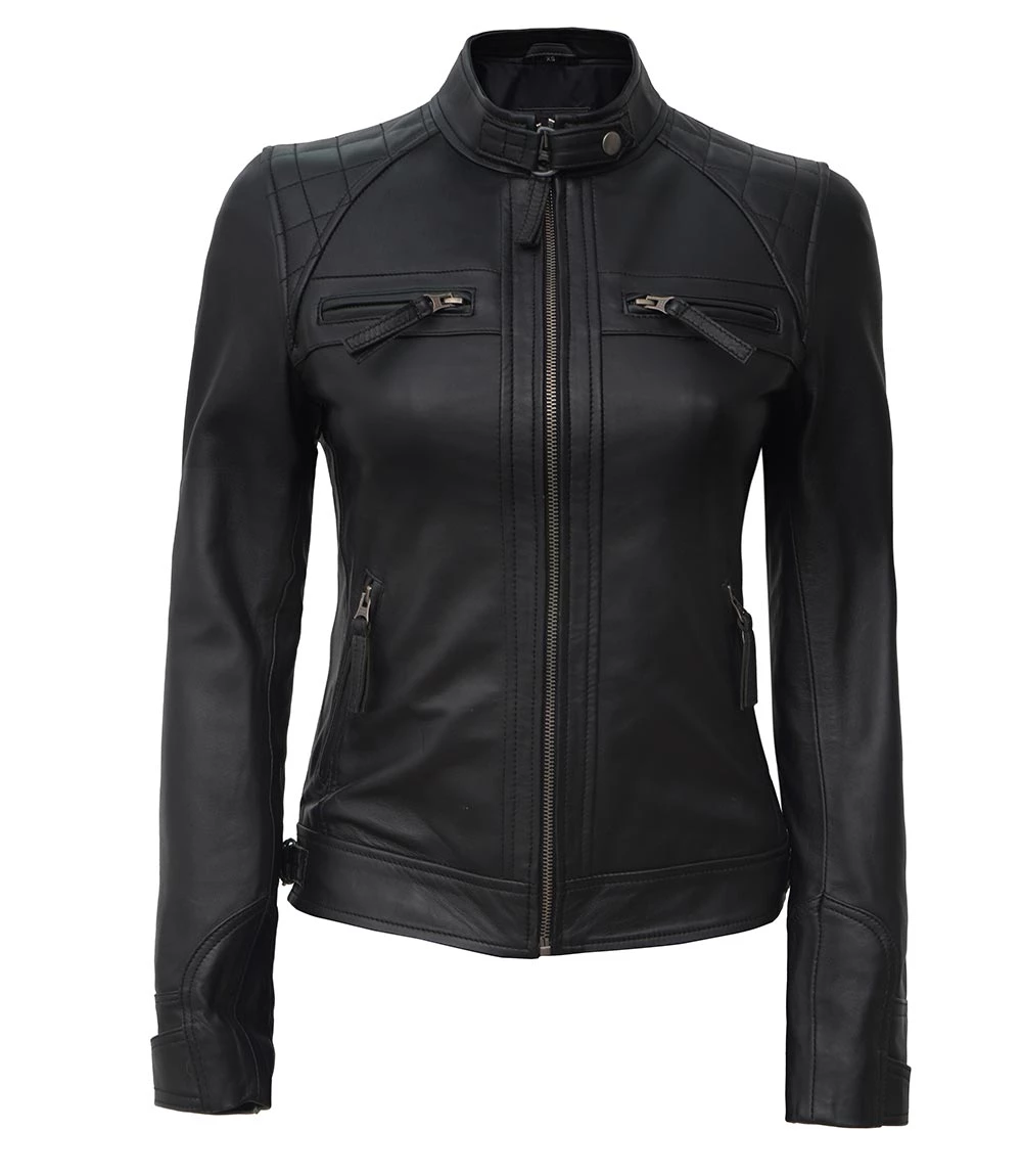 Women Black Quilted Cafe Racer Leather Jacket