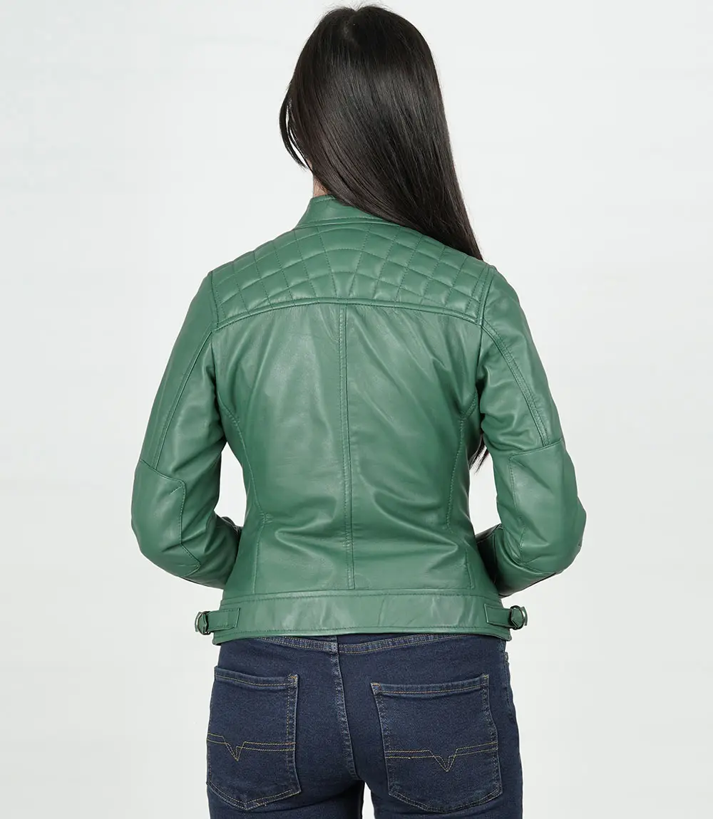 Women Green Diamond Cafe Racer Real Leather Jacket