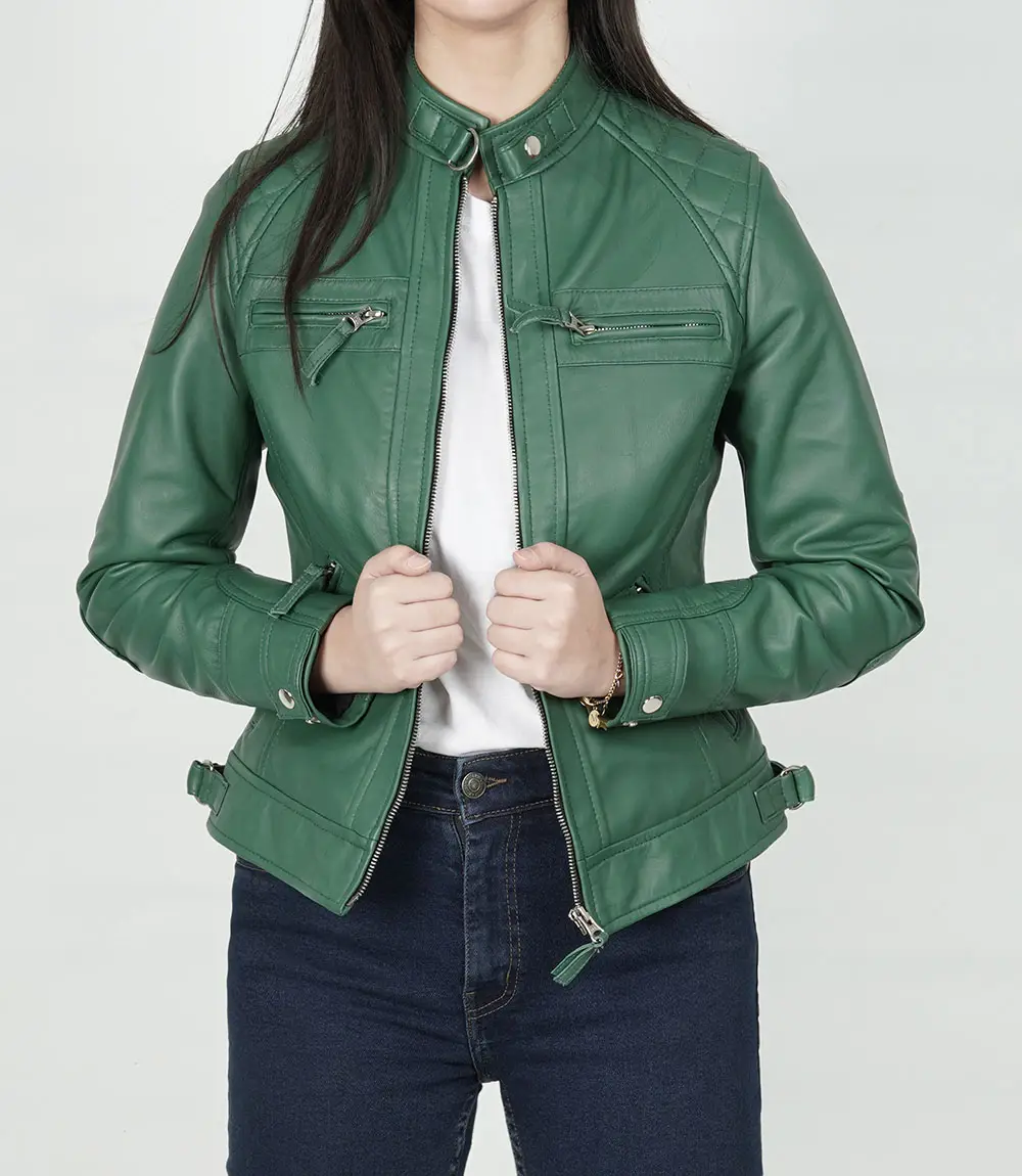 Women Green Diamond Cafe Racer Real Leather Jacket