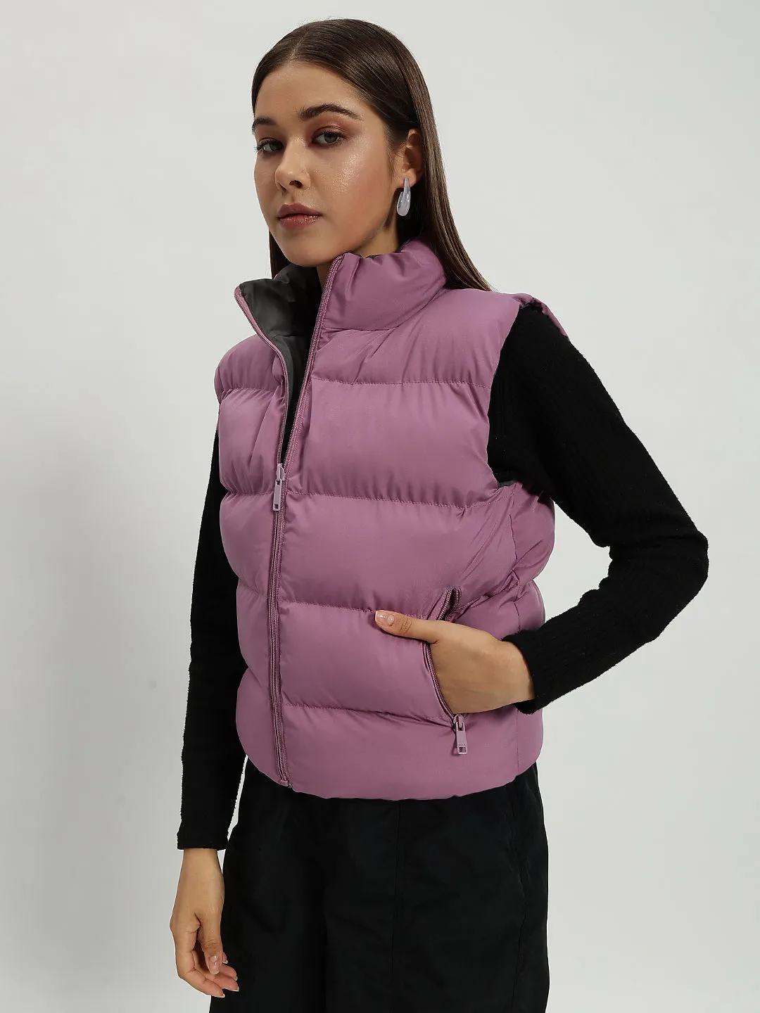 WOMEN PUFF JACKET REVERSIBLE ONION PINK AND GREY