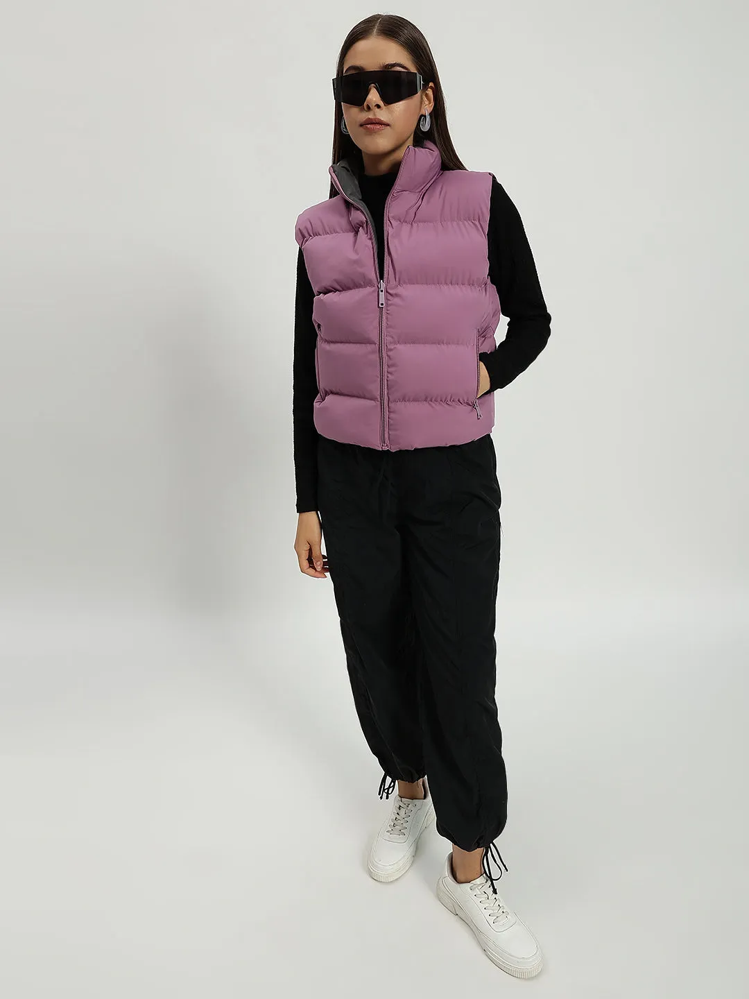 WOMEN PUFF JACKET REVERSIBLE ONION PINK AND GREY