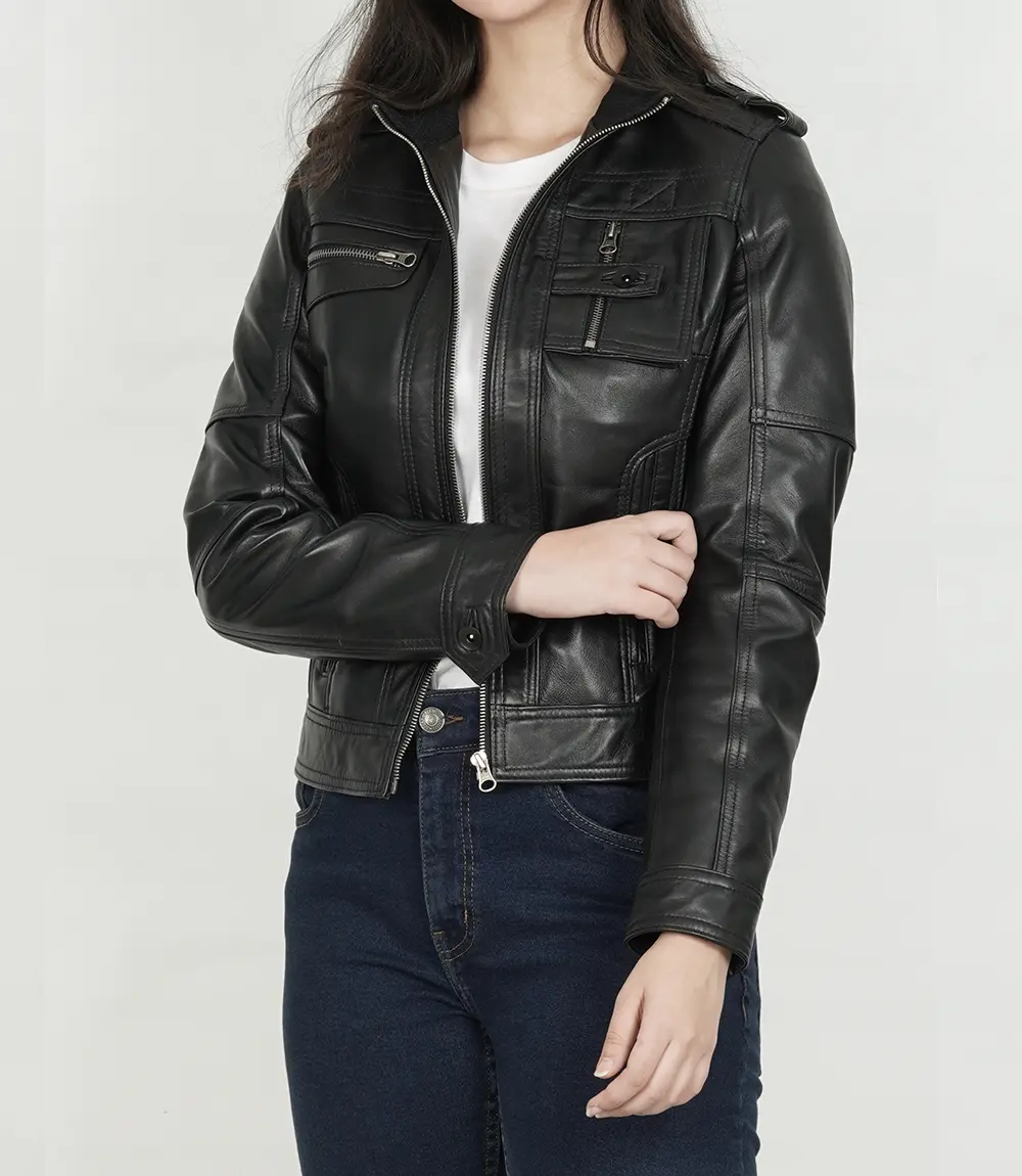 Women's Black Cafe Racer Real Leather Jacket