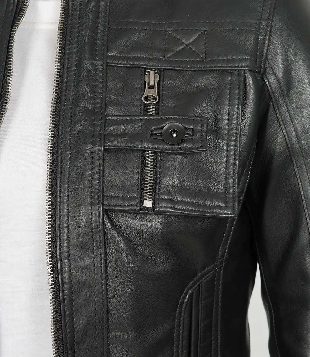 Women's Black Cafe Racer Real Leather Jacket