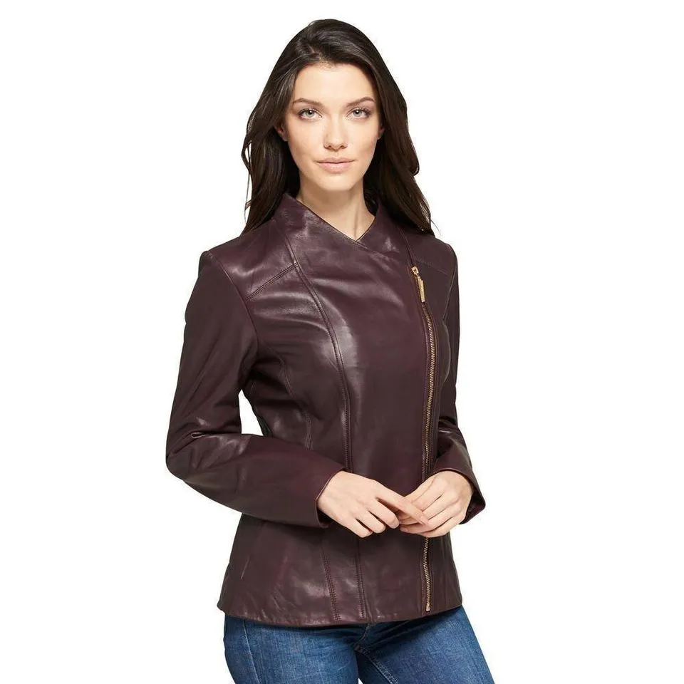 Wood dark brown leather women jacket