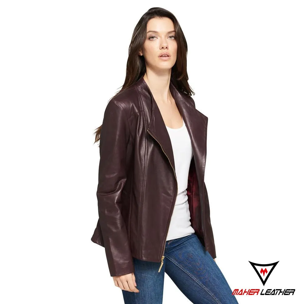 Wood dark brown leather women jacket