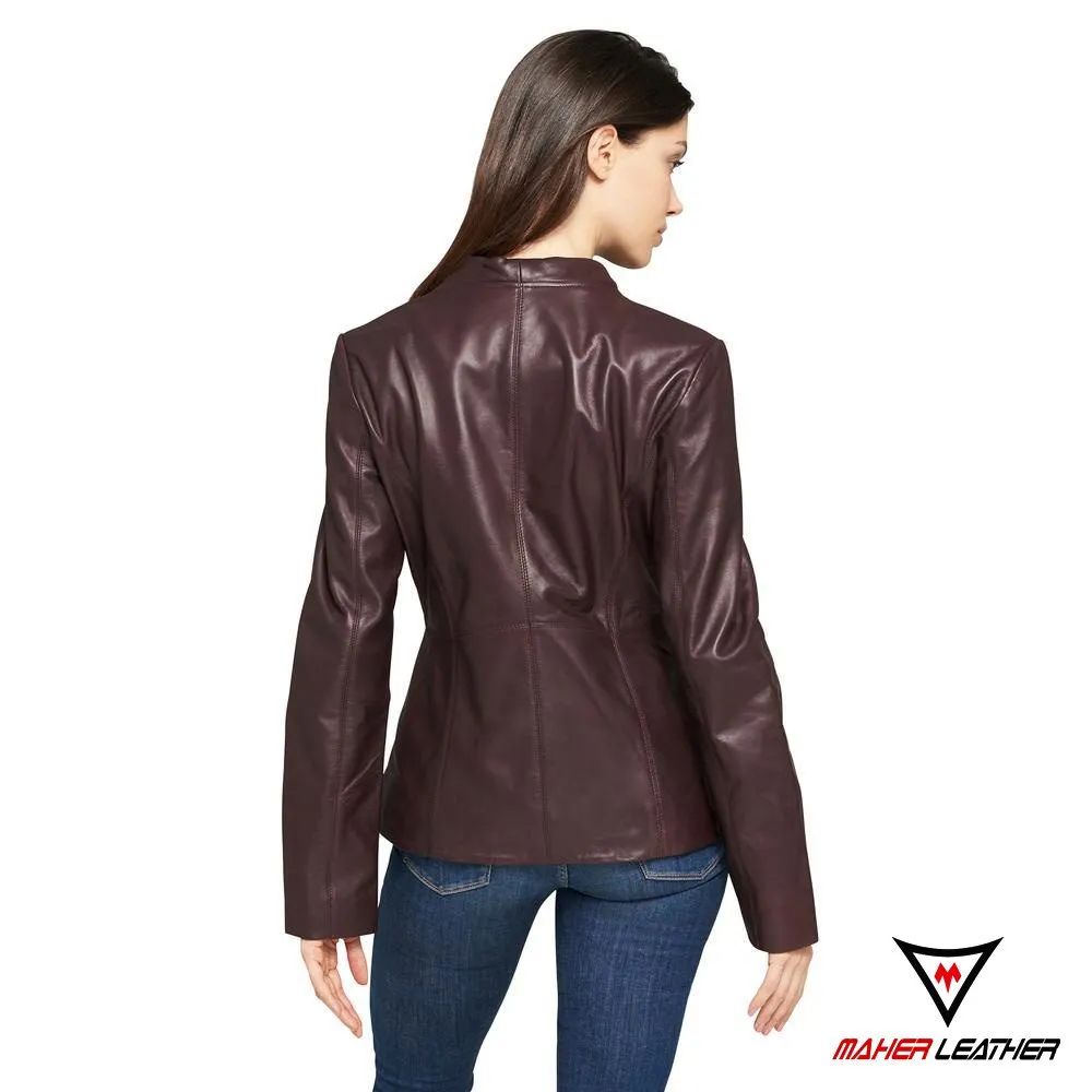 Wood dark brown leather women jacket