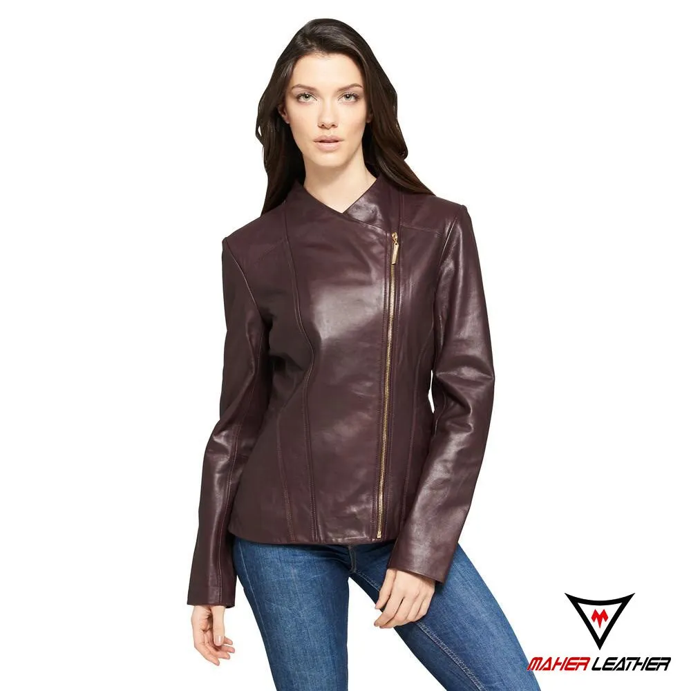 Wood dark brown leather women jacket